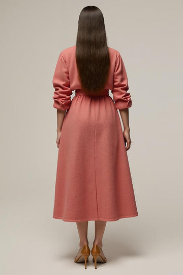 Coral A Line Notched Lapel Tea Length Work Dress with Sleeves